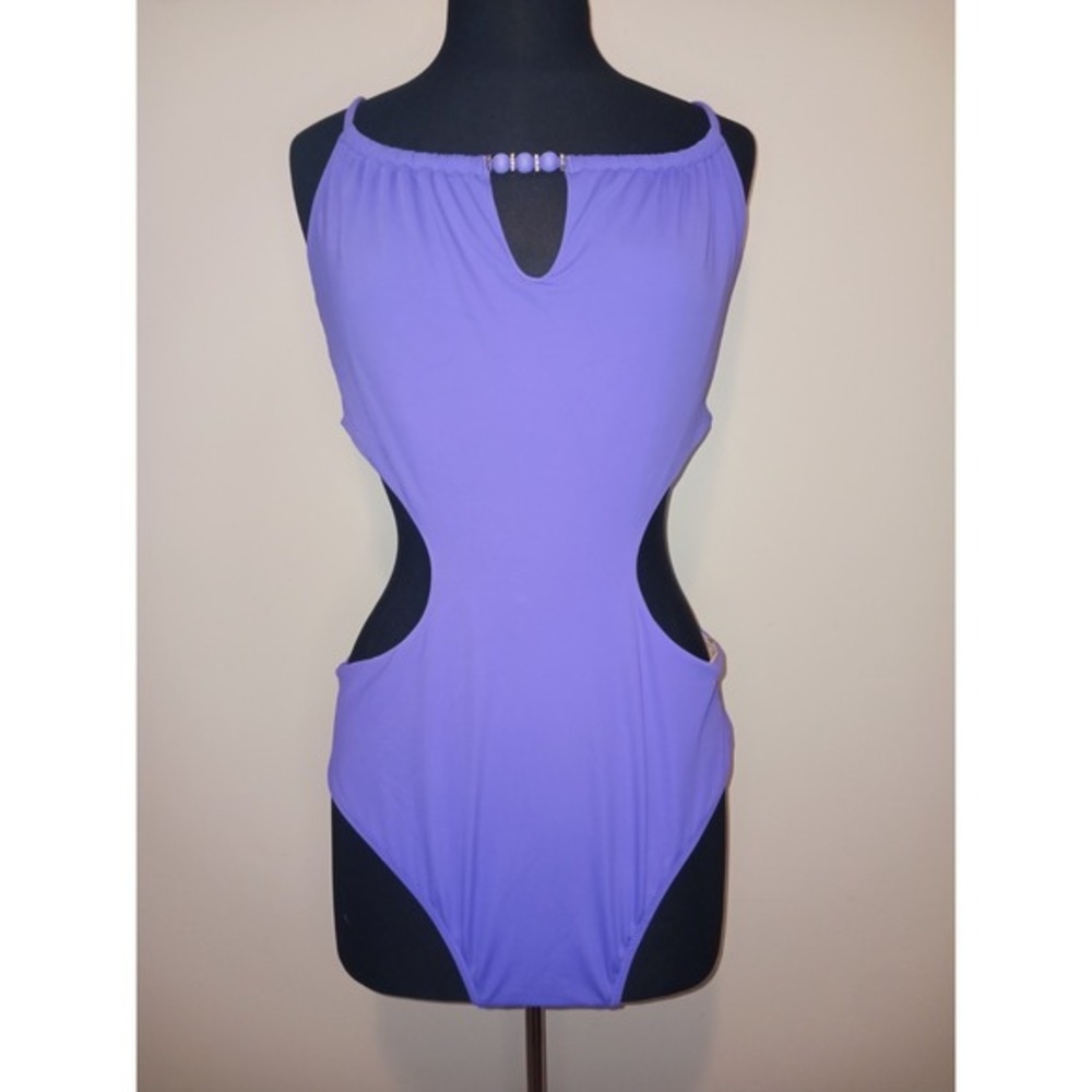 Shadeshore Purple One Peice Swimsuit Large W Side Cut Outs & Keyhole/Beaded Neck